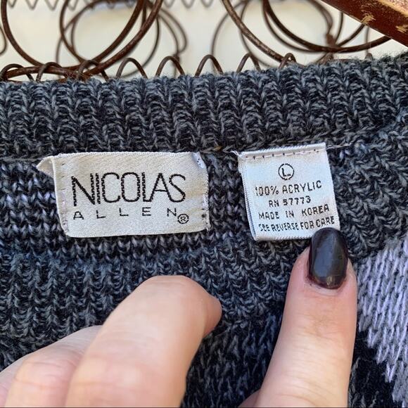 Vintage Nicolas Allen geometric argyle pattern sweater in shades of gray LARGE - Picture 4 of 6